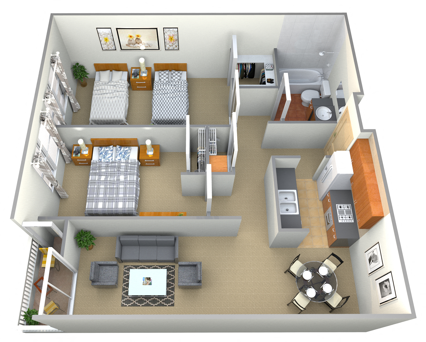 Floor plan for 2 beds, 1 bath, 1050 sqft